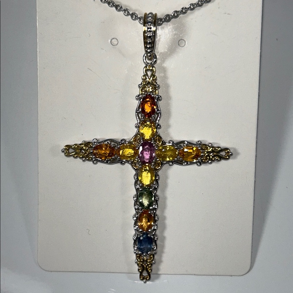 NWOT Gems En Vogue Gemstone Sterling Silver Palladium 14K Accent Cross Necklace